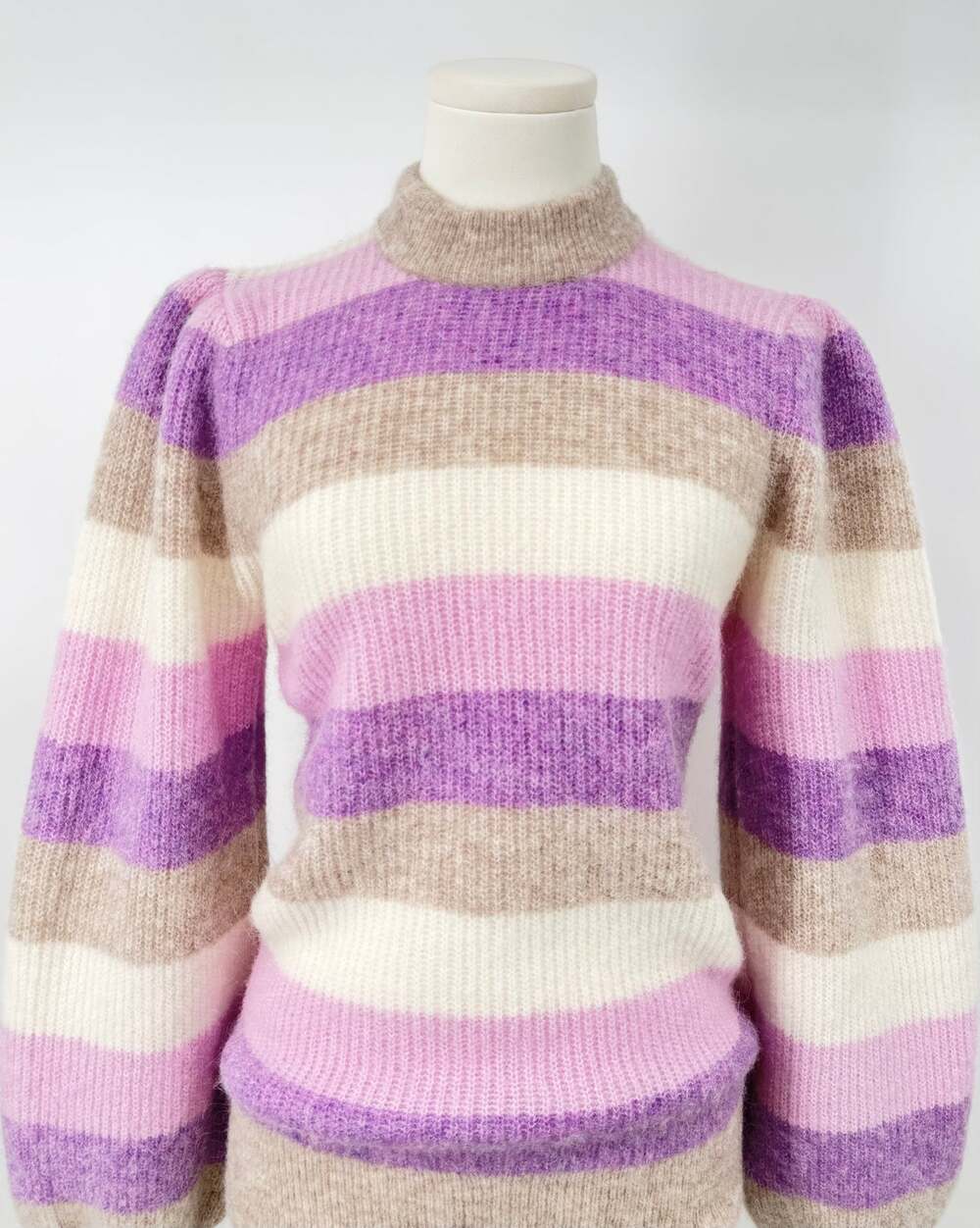 Ganni Striped Sweater Alpaca Wool Purple Tan Mock Neck Puff Sleeve S